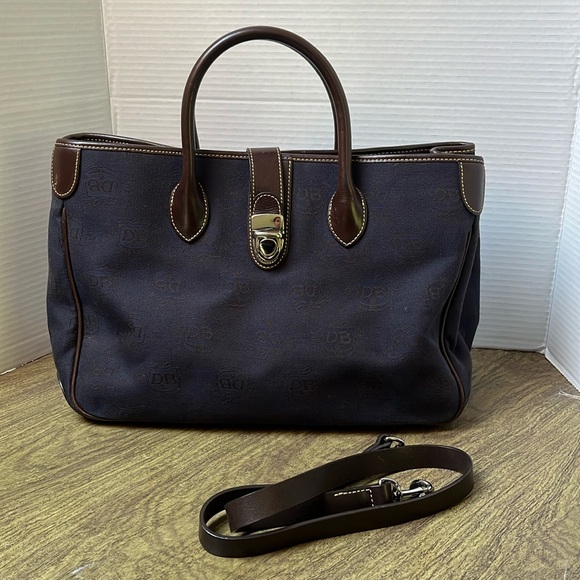 Dooney & Bourke Canvas Signature Double Handle Tote Leather Navy Blue Brown - Picture 3 of 17